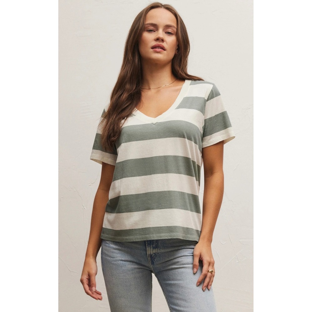 Z Supply Olive Green and Cream Stripe Short Sleeve V-Neck Tee